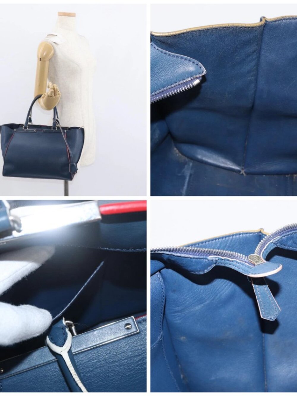 FENDI Trois Jules Hand Bag Leather Navy Silver Auth - Picture 16 of 16